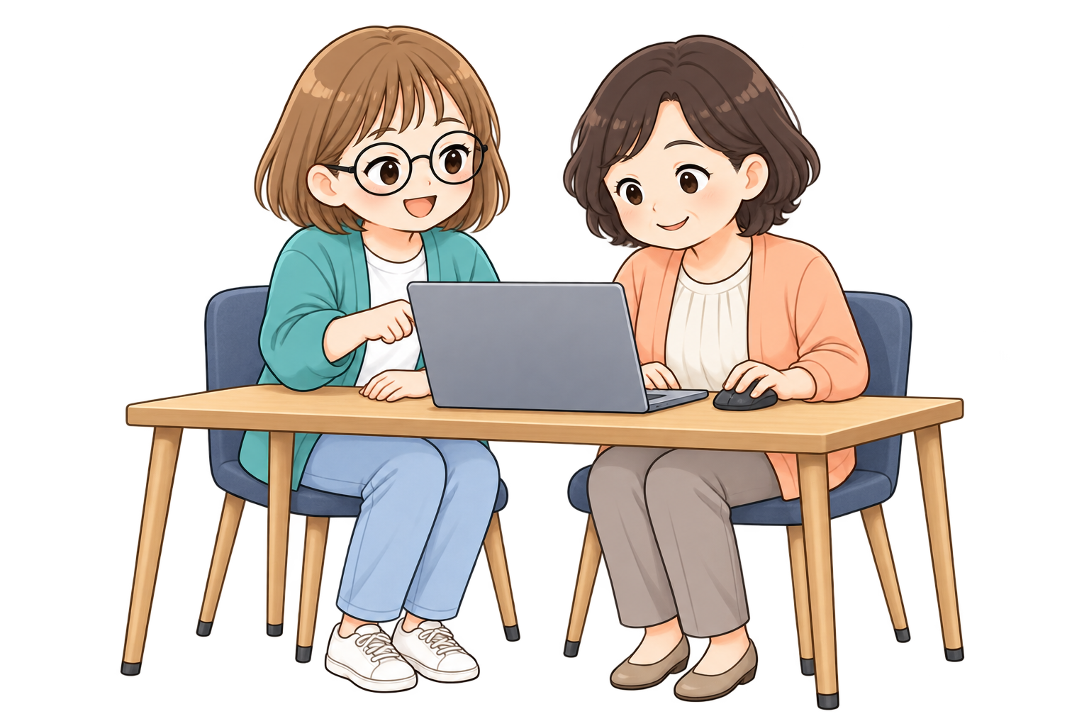 お客さまと案内役が隣に座り、笑顔でこれからの仕事について話しています